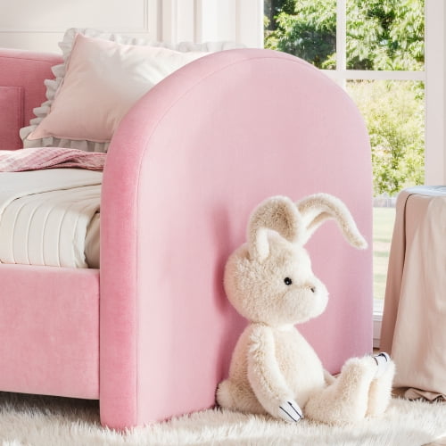 Twin Size Upholstered Kids Floor Bed with Curved Headboard, Safety Side Rails and Storage Pocket, Pink