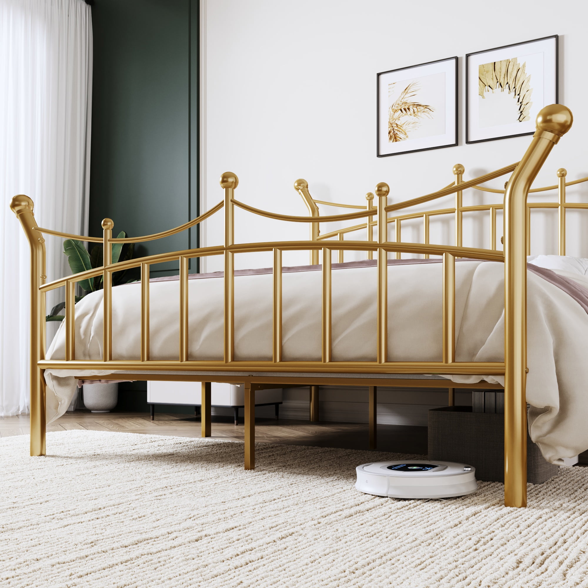 Allewie 14 Inches Queen Size Metal Platform Bed Frame with Elegant Crown Headboard & Footboard, Sturdy Mattress Foundation with Under-Bed Storage, Easy Assembly, No Box Spring Needed, Gold