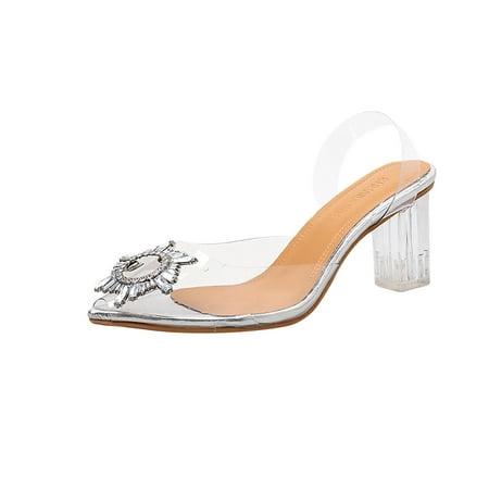 

Ladies Transparent Crystal Shoes Thick High Heel Glass Slipper Shoes Sandals