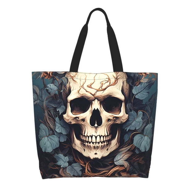 Balery Vintage Leaf Flower Skull Bolsa Tote Estilo Estético con Cremalleras, Bolsa de Hombro, Bolsa de Compras Grande y Plegable