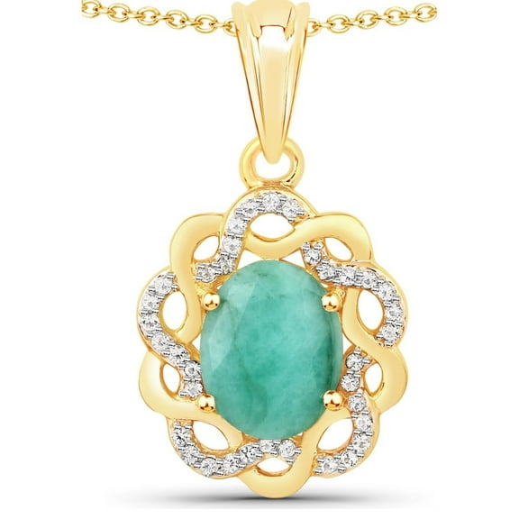 Fine Color Jewels Genuine Emerald and White Topaz Necklace in 925 Sterling Silver 14K Yellow Gold Plated 2.78 Carat May Birthstone Gift for Women