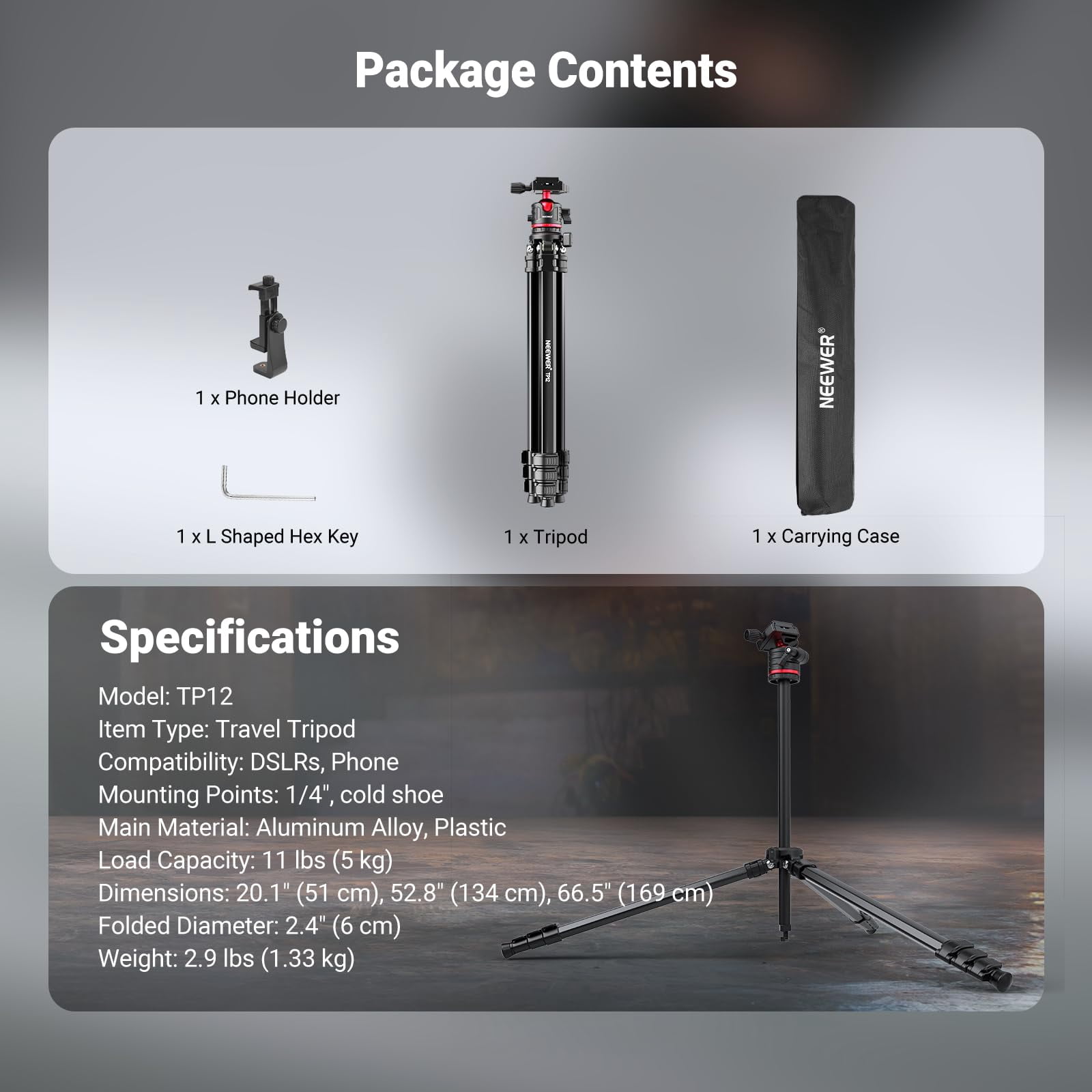 NEEWER TP12 66.5" Travel Tripod, Ball Head, Arca QR Plate, Phone Holder, 11 lb Load
