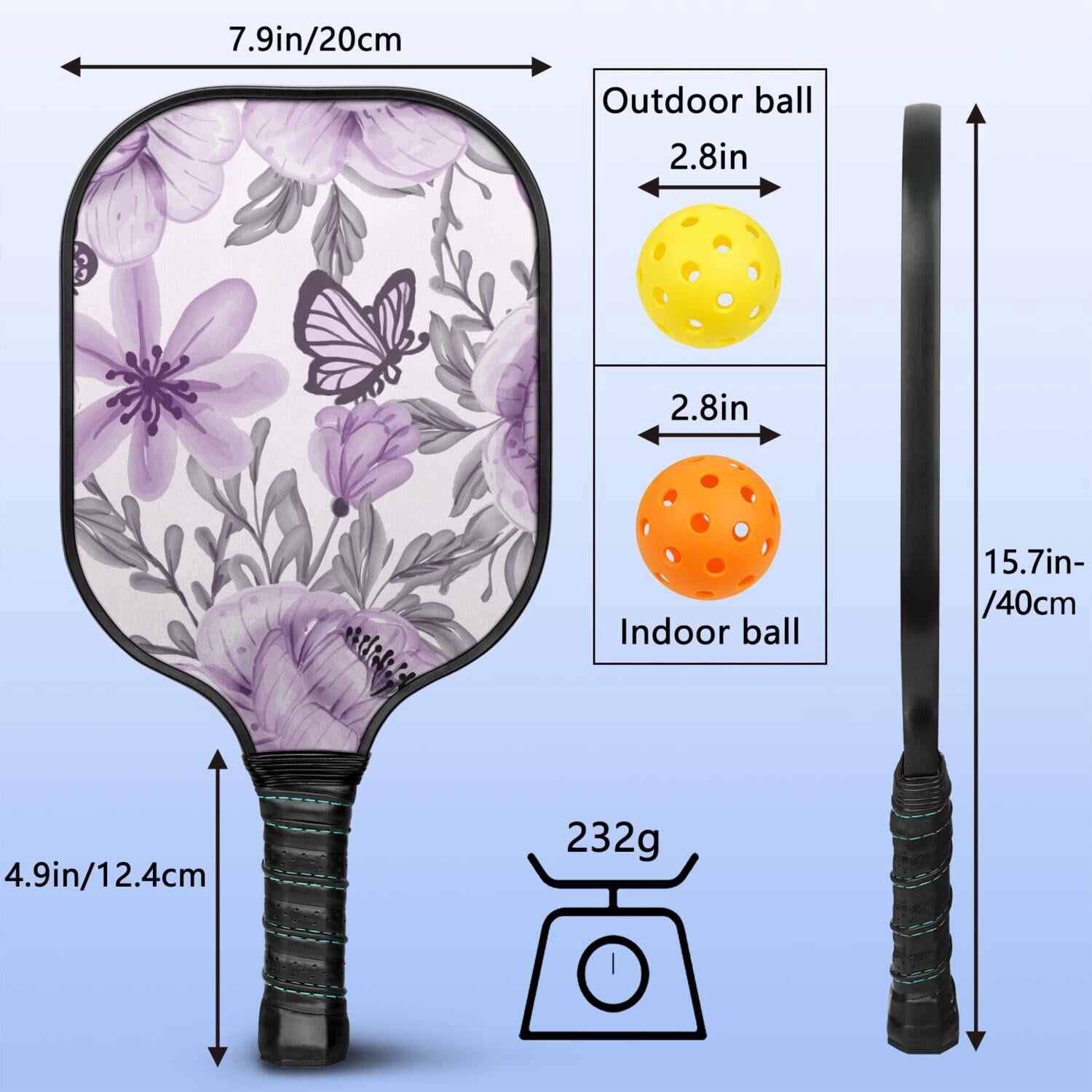 Pickleball Paddles Set Of 2, Fiberglass Surface, Vintage Floral & Butterfly, 4 Balls & Bag
