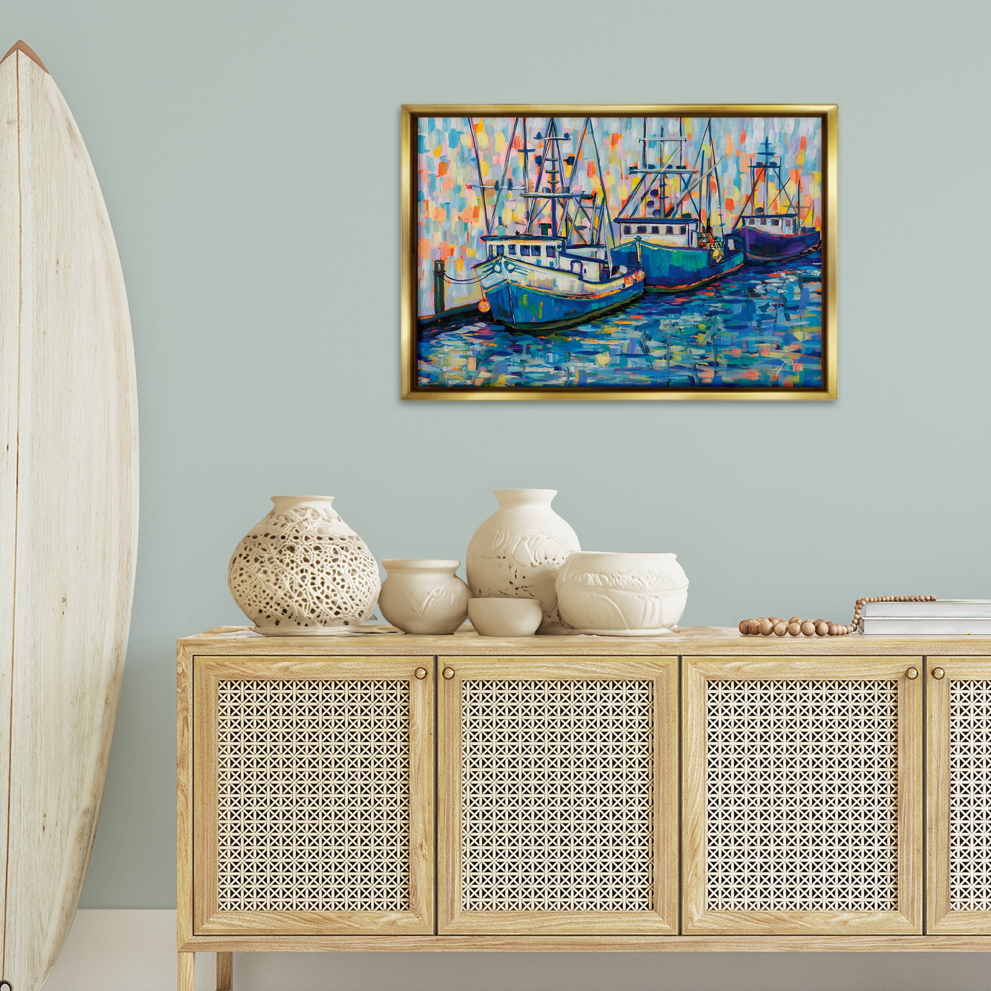 Stupell Industries Vivid Boats in Harbor Transportation Painting Gold Floater Framed Canvas Art Print Wall Art, 31 x 21