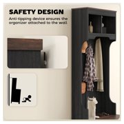 Hall Tree with Shoe Storage, Coat Rack Bench Entryway Organizer - 3-in-1 Farmhouse Style, 5 Hooks, Black Wood Grain
