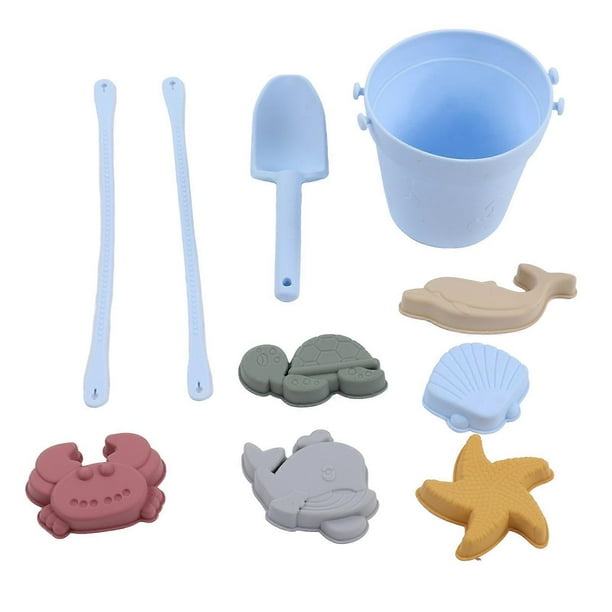 Baby Silicone Beach Toys, Sand Toy Set Including Silicone Bucket, Animal Model, Sand Shovel and Blue String
