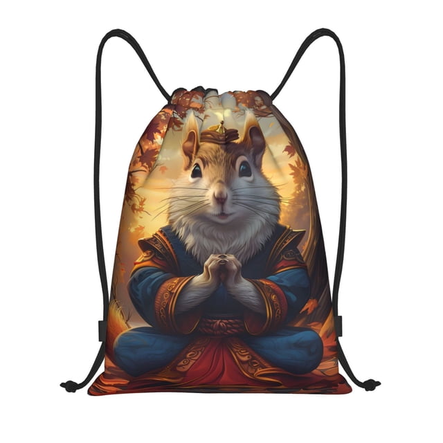 Xecao Maple Leaf Meditating Squirrel Pattern Sports Drawstring Backpack - String Swim Gym Bag with Wet Proof Pocket for Women&Men-Medium