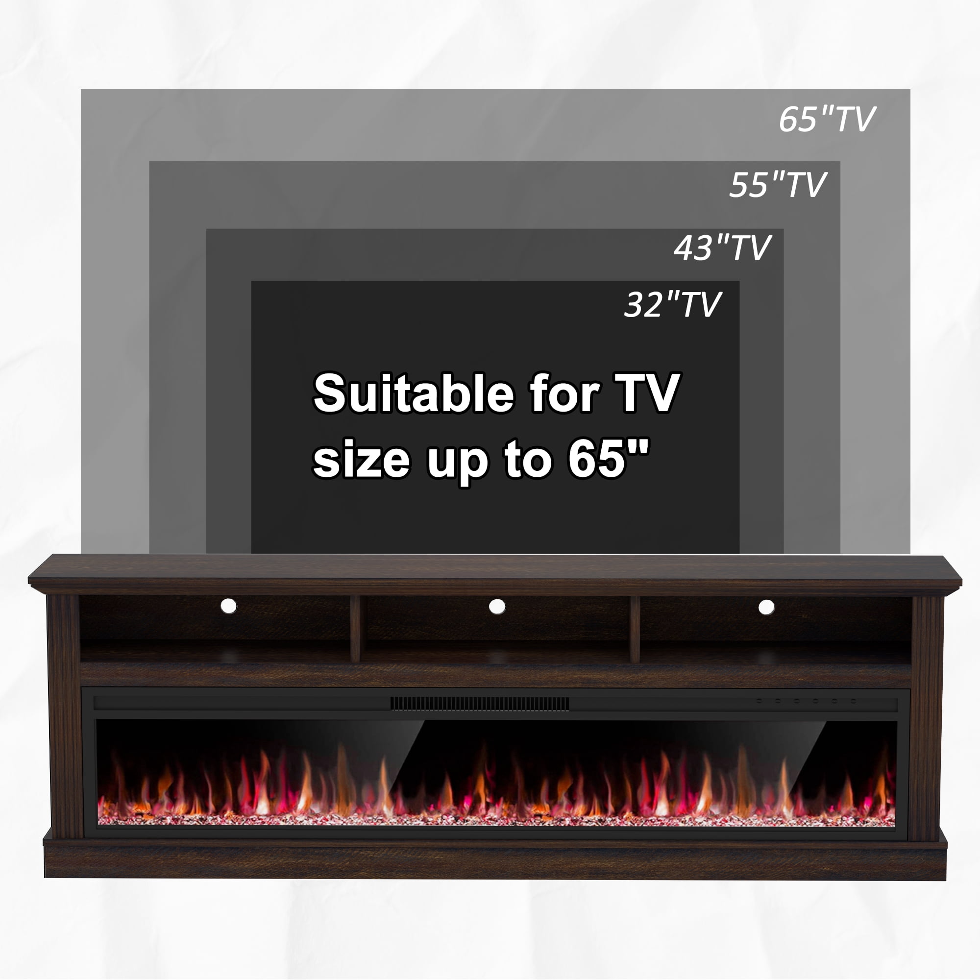 HARIPUL 58" Fireplace TV Stand for TVs Up to 65" with 52" Electric Fireplace,White Entertainment Center with Storage Cabinets,Led Light TV Consoles for Living Room,Brown/Crystal Fireplace