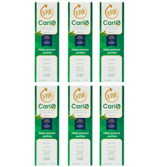 X-PUR CariØ Plus Tooth Paste 25% Xylitol & Citrox - Mint Flavor Fluoride Free Toothpaste Adult / Kids - 6 Pack