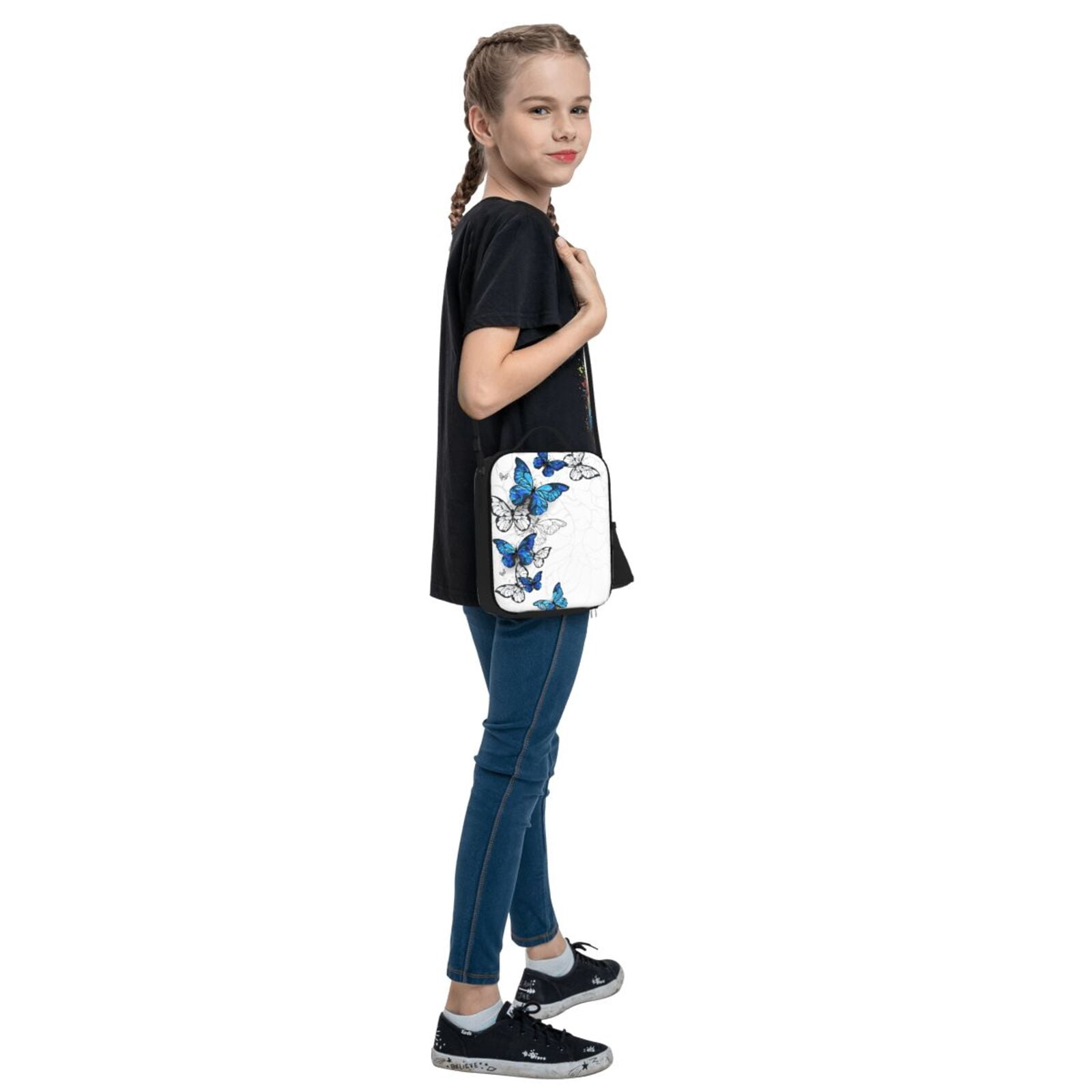 Defioc Blue Flying Butterflies Print Lunch Box for Men & Women, Insulated Lunch Bag Thickened Thermal Leakproof Lunch Tote Bag for Adult Office Travel Picnic