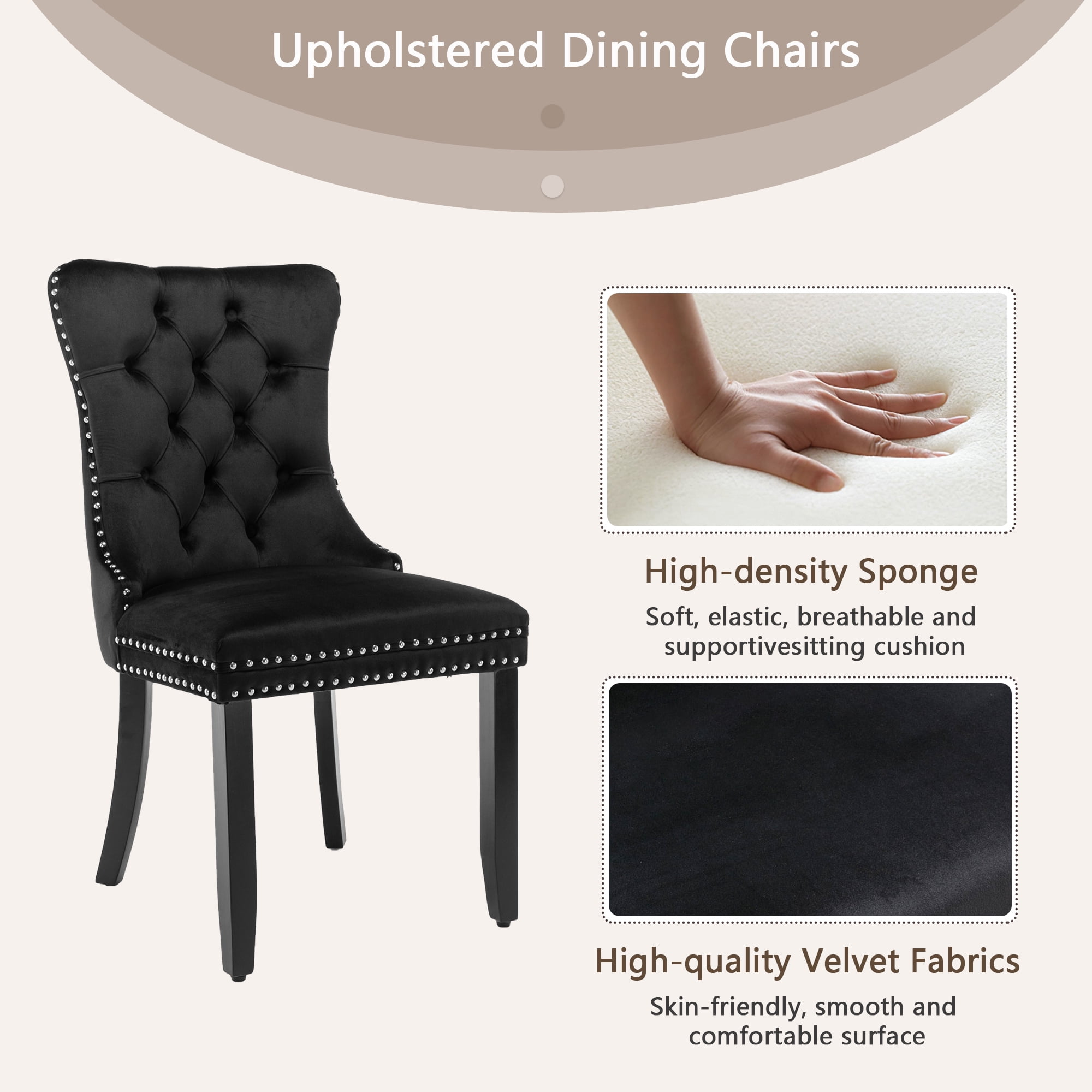 Resenkos Upholstered Tufted Dining Chairs Set of 2 with Nail Head Decor, Black Velvet Fabric