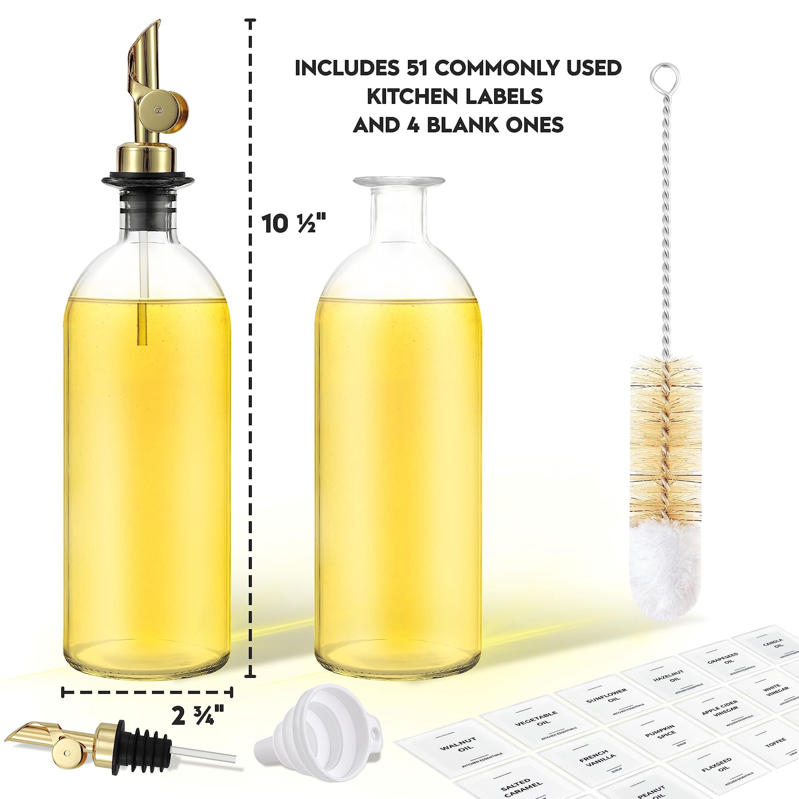 Olive Oil Dispenser Bottle - Includes 55 Kitchen Labels Cooking Bottles For  Coffee Syrup Pourer Spout With 16.9 Fl Oz Glass Container Cruet 2pcs
