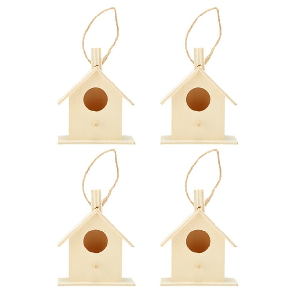 Casa para pájaros de madera de 4 Uds., casa para pájaros de estilo rural, jardinería para el hogar, decoración DIY, nido para pájaros con cuerda colgante para patio trasero, jardín y Patio