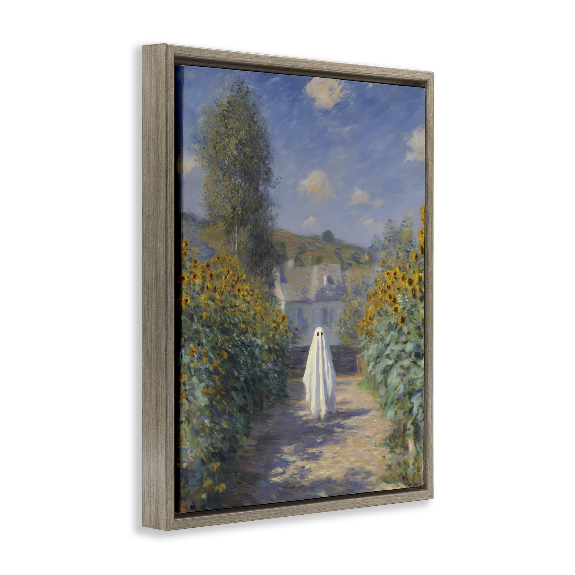 Monet Style Sunflower Ghost Brown Framed Floater Canvas Wall Art, design by Arlington Prints