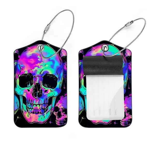 PhooArto 2 Pcs Bright Skulls Head Luggage Tag for Suitcases, Leather Baggage Tags Identifiers for Travel, Stainless Steel Loop Name ID Label for Women Bag Backpack