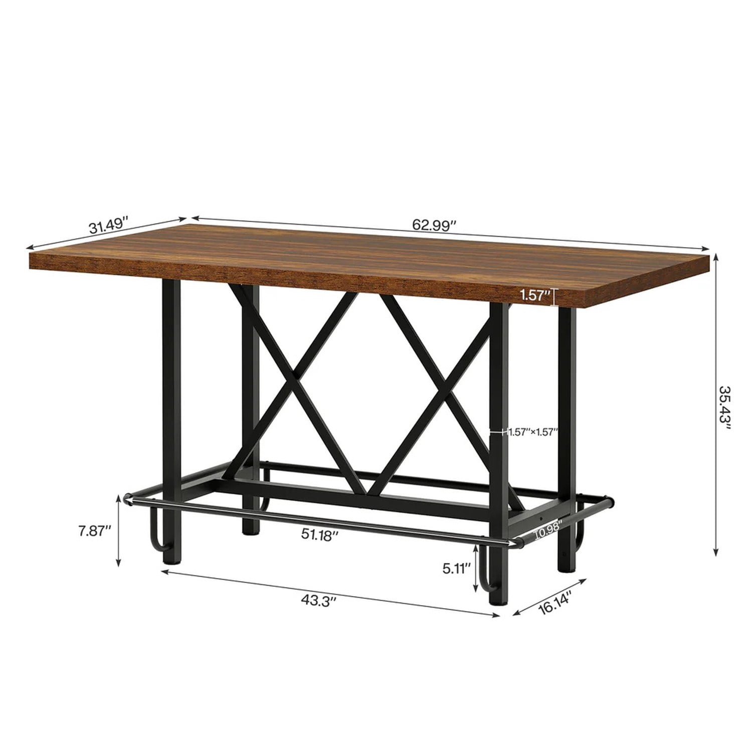 Dining Table, 63" Industrial Kitchen Table with Metal Legs, Seats 6