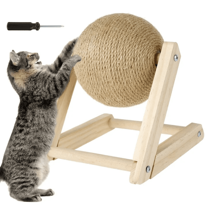 Cat Scratching Ball Natural Sisal Cat Scratcher Toy with Catnip Interactive Solid Wood Scratcher Ball Cat Scratch Post with Rotatable Ball for Indoor Cats and Kitten,C
