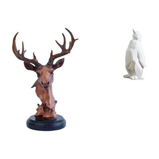 Figura de cabeza de ciervo,Adorno de cabeza de ciervo,estatua de animal decorativa,Figura de cabeza de ciervo para decoración de mesa creativa,Escultura de pingüino,Escultura de pingüino