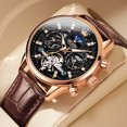 thumbnail image 3 of OLEVS Automatic Watches for Men Self Winding Mechanical Chronograph Skeleton Flywheel Luxury Dress Black Brown Leather Diamond Moon Phase Waterproof Luminous Mens Wrist Watches Reloj Para Hombre, 3 of 15