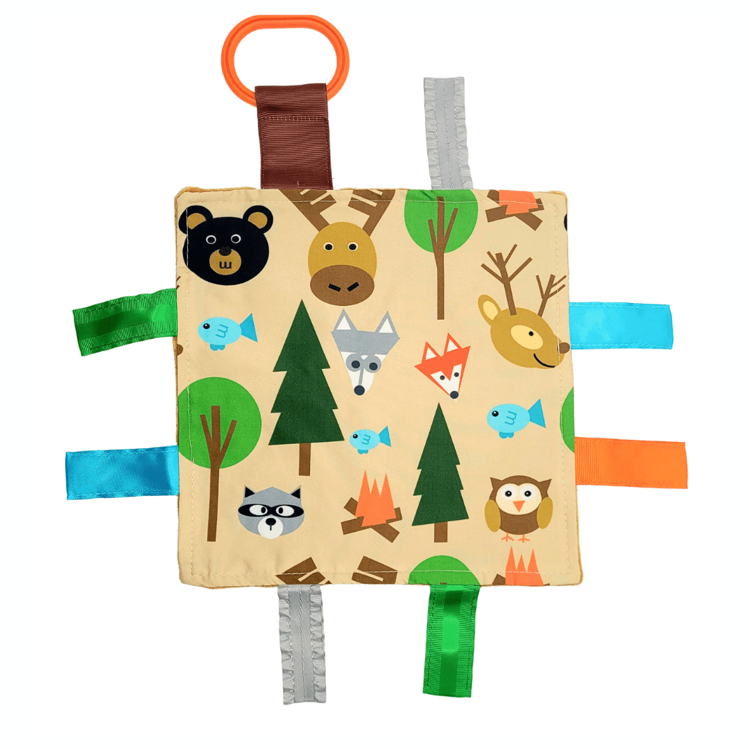 Baby Jack & Co 8x8" Forest Lovey Tag Sensory Toy with Clip - Crinkle Plush - Sewn Ribbons No Loops - Tummy Time & Teething Soother - Learn Shapes & Colors - Newborn to Preschool