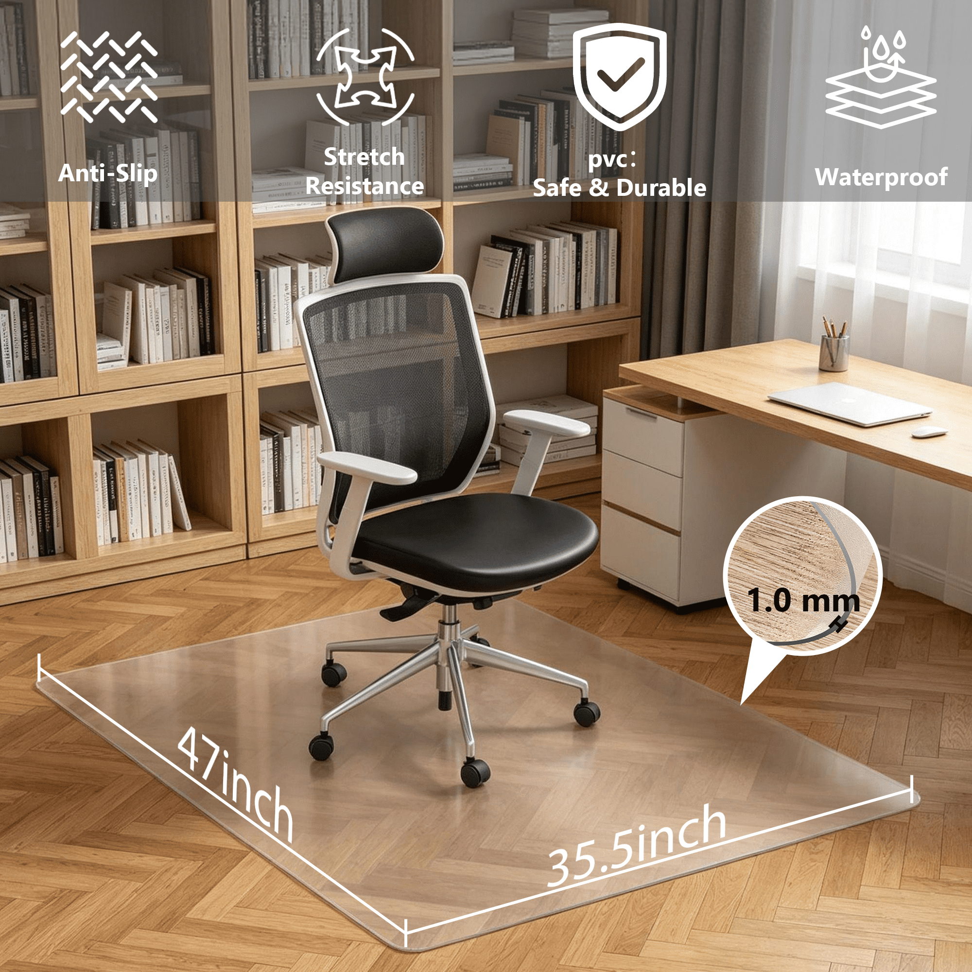 47×35.5 Inch Clear PVC Office Chair Mat, Waterproof Anti-Slip Hardwood Floor Protector, Transparent Scratch Resistant Rolling Desk Chair Floor Mat for Hardwood & Tile Floors