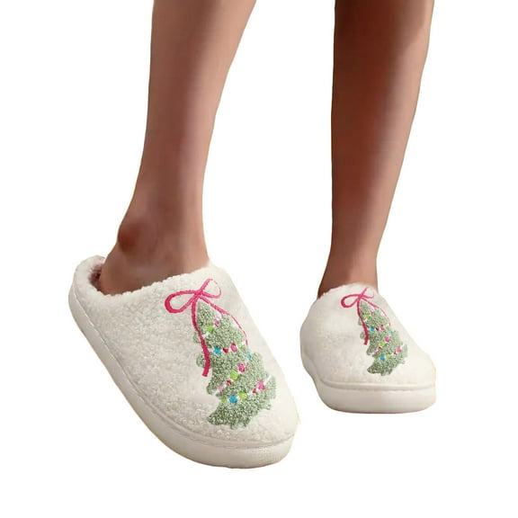 Christmas Fuzzy House Slippers for Women Xmas Cozy Memory Foam Woman House Shoes Indoor and Outdoor Winter Bedroom Slip on