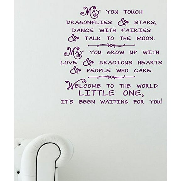 Dragonflies Stars Welcome Little One Nursery Wall Decal Sticker, 23x22-Inch, Plum