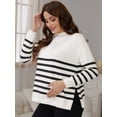 thumbnail image 2 of DARING DIVA Women's Maternity Striped Mock Neck Long Sleeve Sweater L White, 2 of 8