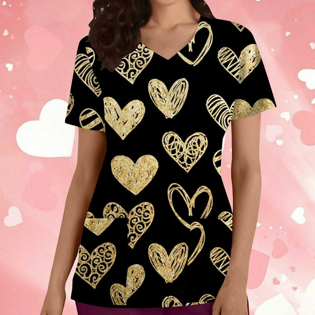 TIMIFIS Hauts de Sarrau de la Saint-Valentin pour Femmes Imprimés Uniforme de Travail à Manches Courtes Col en V Blouse T-shirt de Travail avec Poches - Imprimé Noir