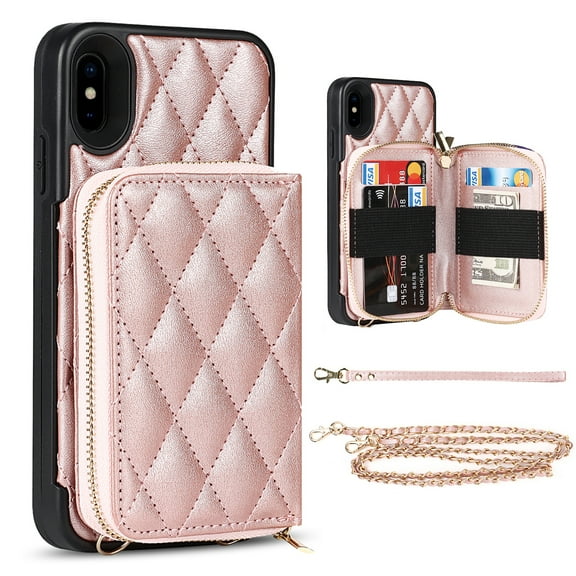 iPhone X Wallet Case, iPhone XS Cover, Allytech Zipper Case with Card Holder Slot Crossbody Chain Strap Handbag Purse Wrist Strap Shockproof PU Leather Case for iPhone X/ XS 5.8", Rosegold