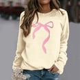 thumbnail image 2 of Women Sweatshirts Pullover Tops Shirts Round Neck Cute Bow Printed Long Sleeved Pullover Hoodless Loose Fit Tops Casual Fall Outfits Clothes Khaki-L, 2 of 5