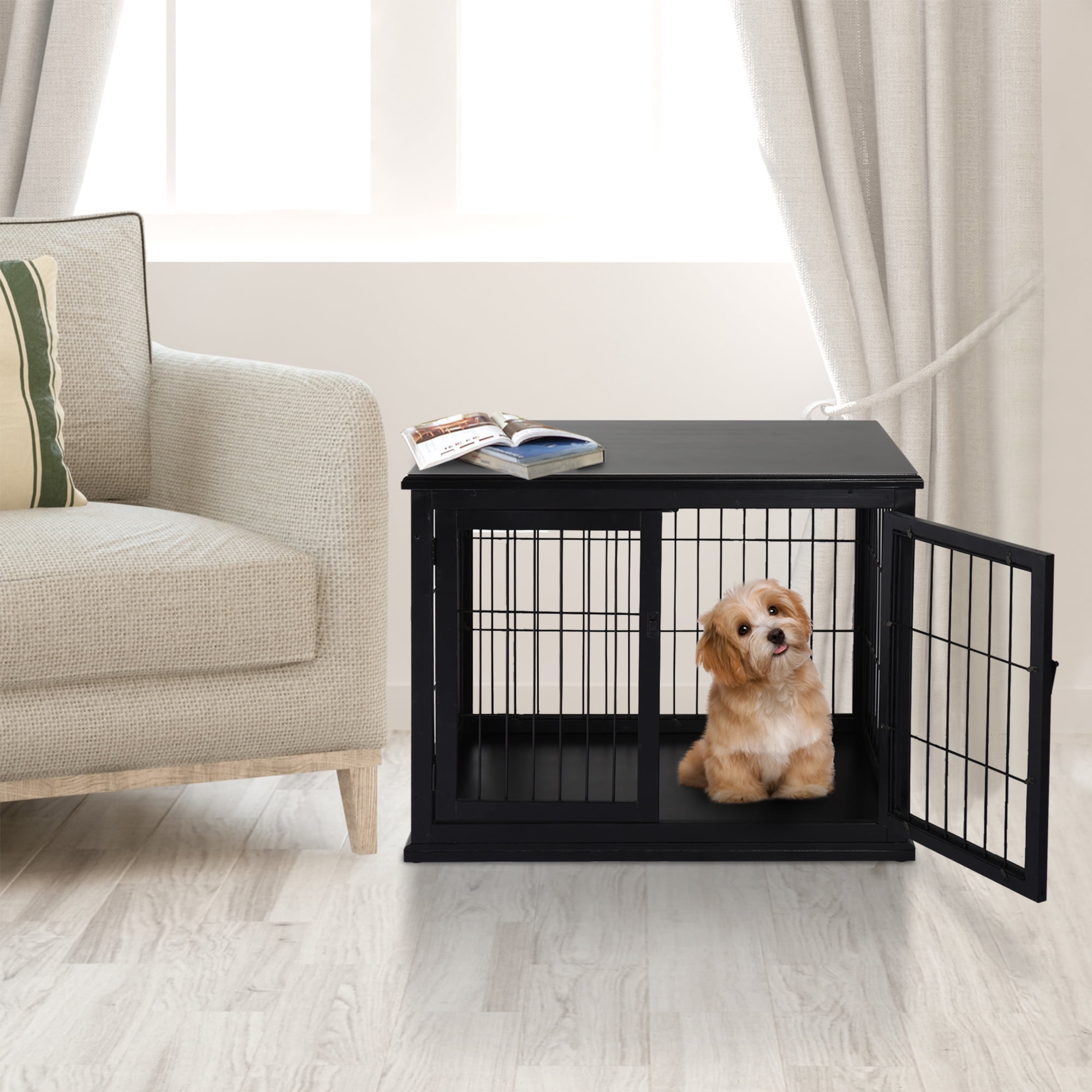 Dog Crate Furniture, Small Dog Cage End Table with Two Opening Sides, Lockable Door, Puppy Kennel Indoor, Cute and Decorative, Black