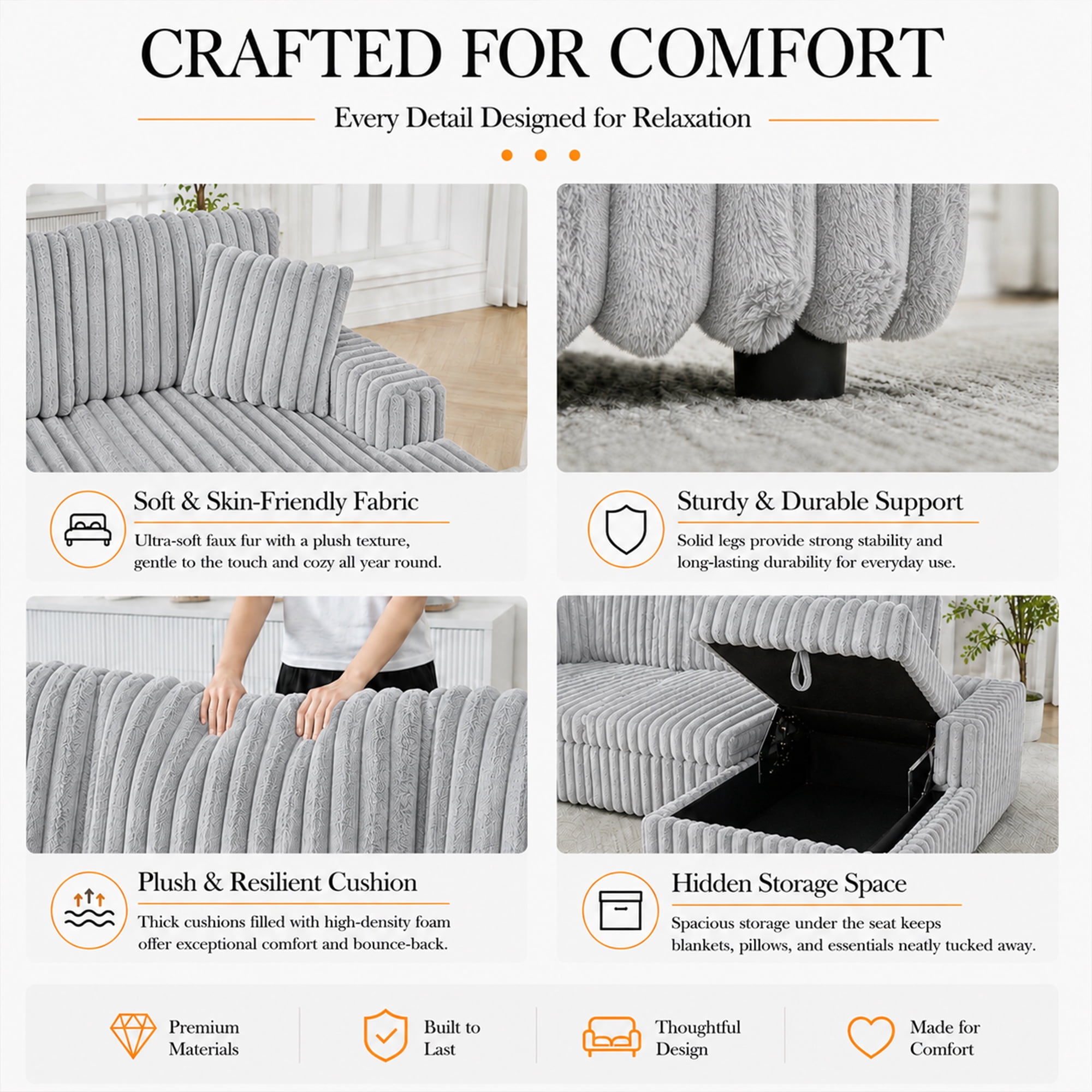 Oversized 122" U-Shaped Sectional Sleeper Sofa Bed with Pull-Out Bed,Storage Chaise,Type-C USB,Fuzzy Plush,7-Seat,Gray