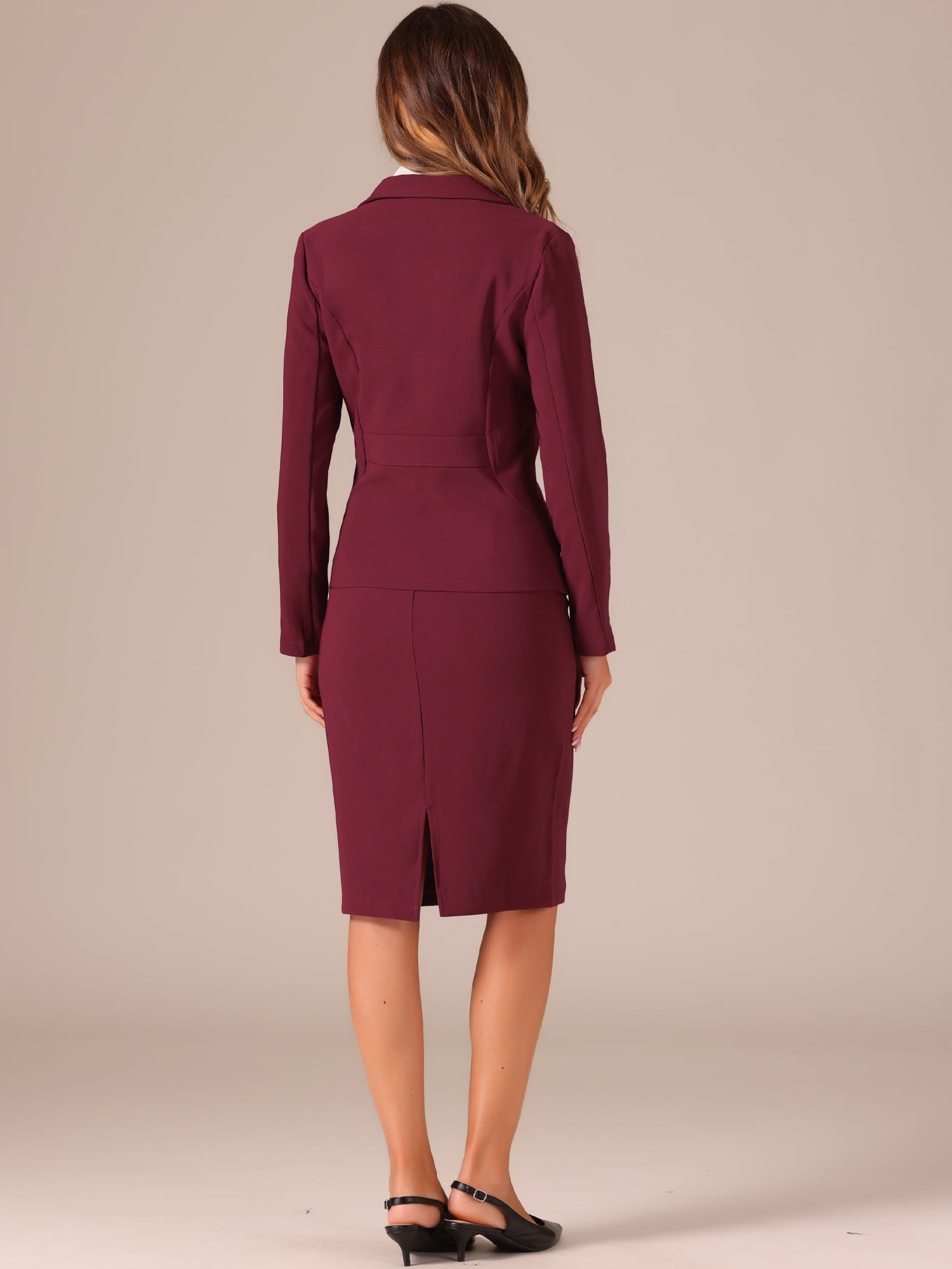 DARING DIVA Women's 2 Pcs Long Sleeve Blazer Pencil Skirt Outfit Set M Wine Red