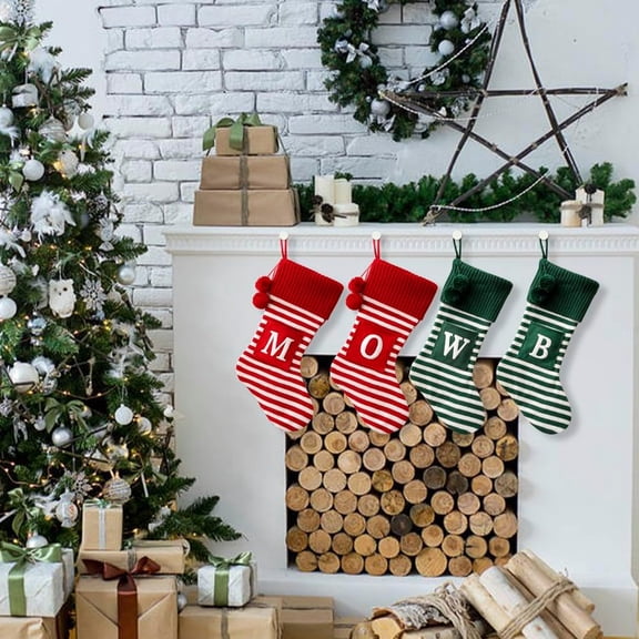 20 Inches Initial Monogram Embroidered Christmas Stocking Striped knitted Christmas Decorations Stocking Red,White, Green Letter Stockings for Family Holiday and Xmas Tree Fireplace Decor
