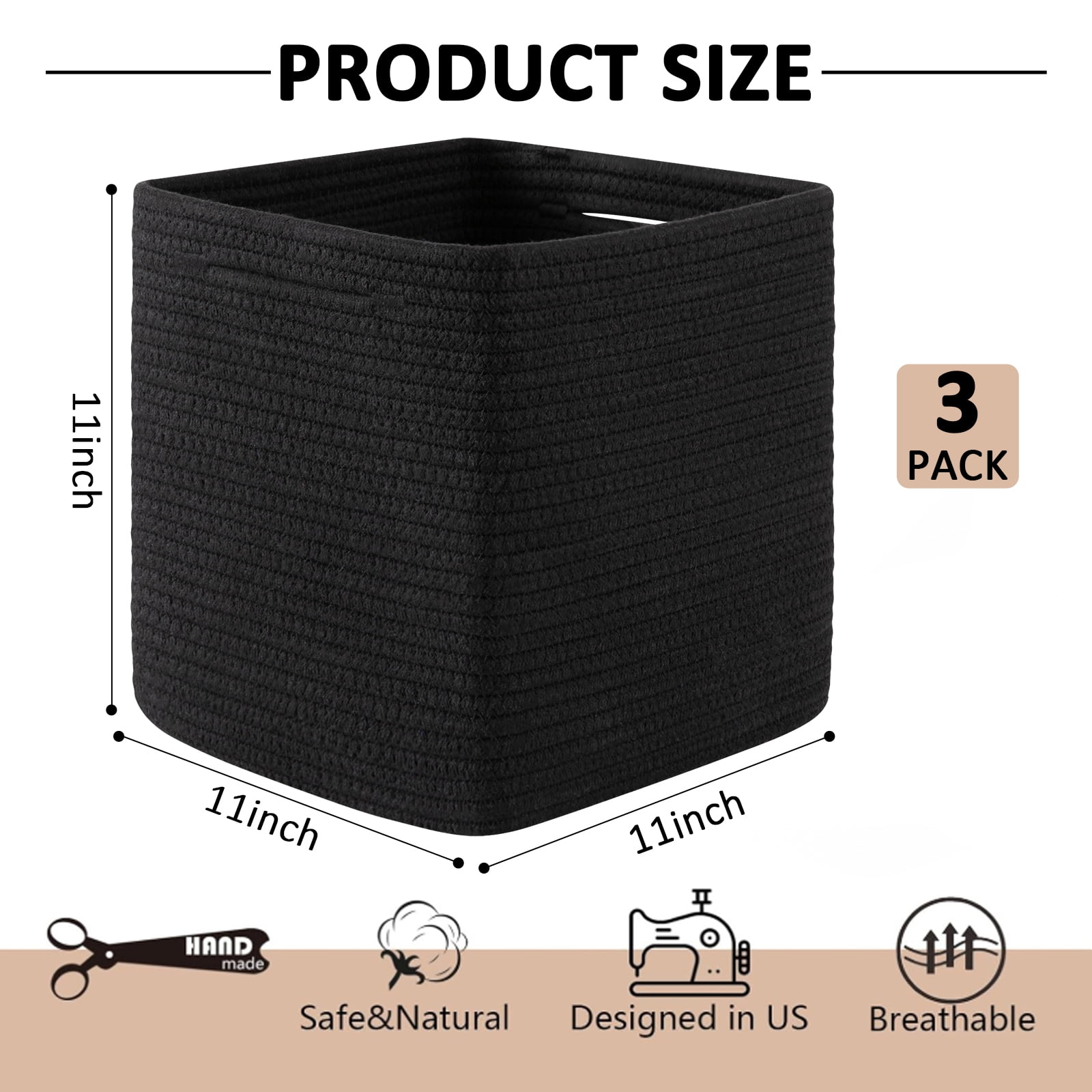 CHERISHGARD 3 Pieces Cube Storage Baskets，Square Woven Rope Basket，Square Baskets for Organizing