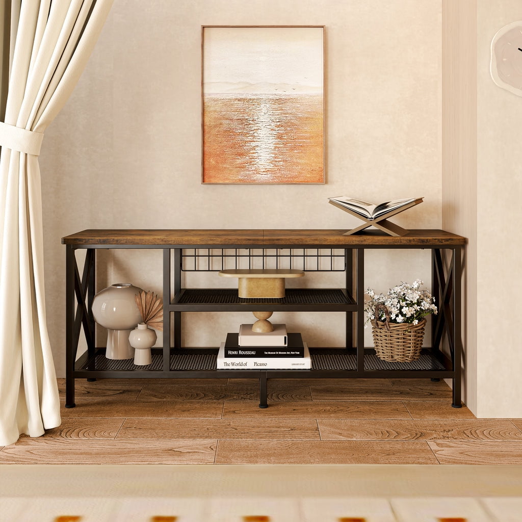 Aiho 59.8 "L TV Stand for TVs up to 65", 65 inch TV stand with Storage Shelves for Living Room - Rustic Brown