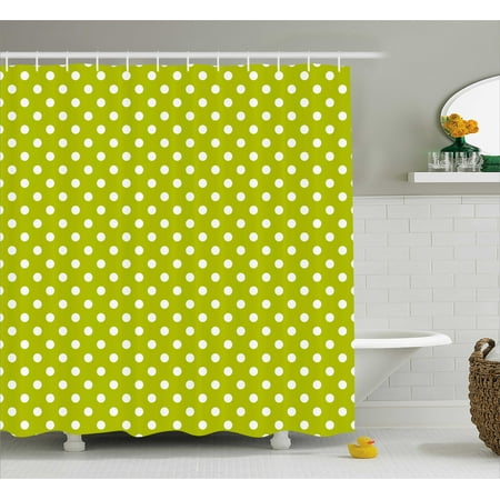 70s Psychedelic Art (Retro Shower Curtain, Vintage Old Fashioned 60s 70s Inspired Polka Dots Pop Art Style Art Print, Fabric Bathroom Set with Hooks, Lime Green and White, by)