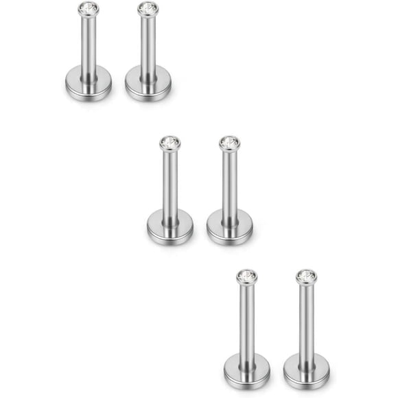 Round Clear CZ Gem Internally Threaded Labret Monroe Lip Ring Tragus Nail Helix Earring Stud Barbell Piercing Jewelry Bar 6-10mm 16G 6PCS