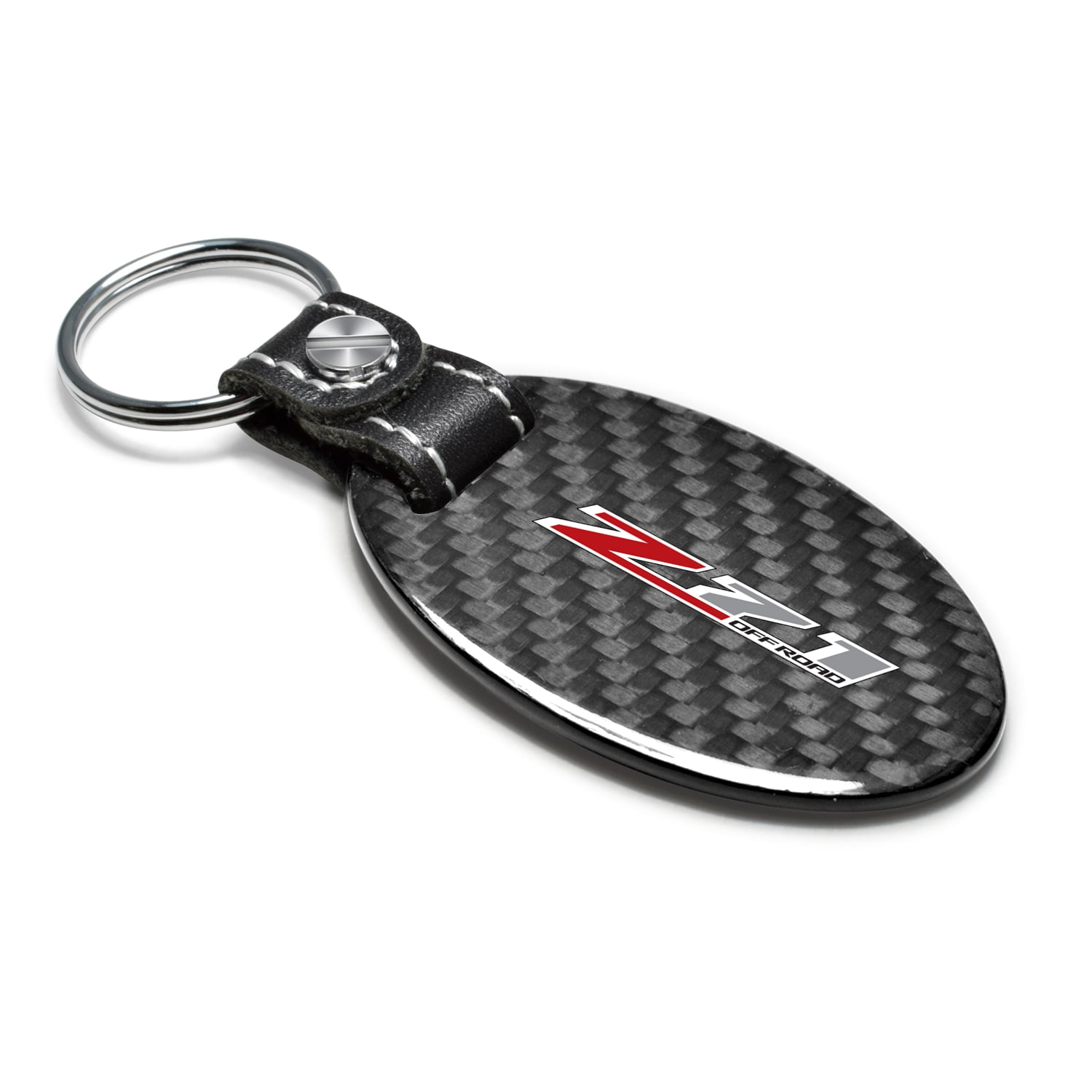 iPick Image for Chevrolet Z71 Black Real Carbon Fiber Oval Shape with Black Leather Strap Key Chain, Official Licensed
