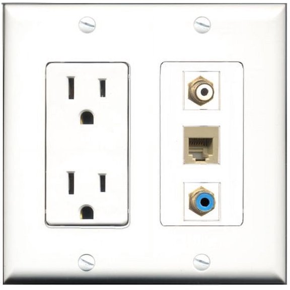 RiteAV - 15 Amp Power Outlet 1 Port RCA White 1 Port RCA Blue 1 Port Phone Beige Decorative Wall Plate