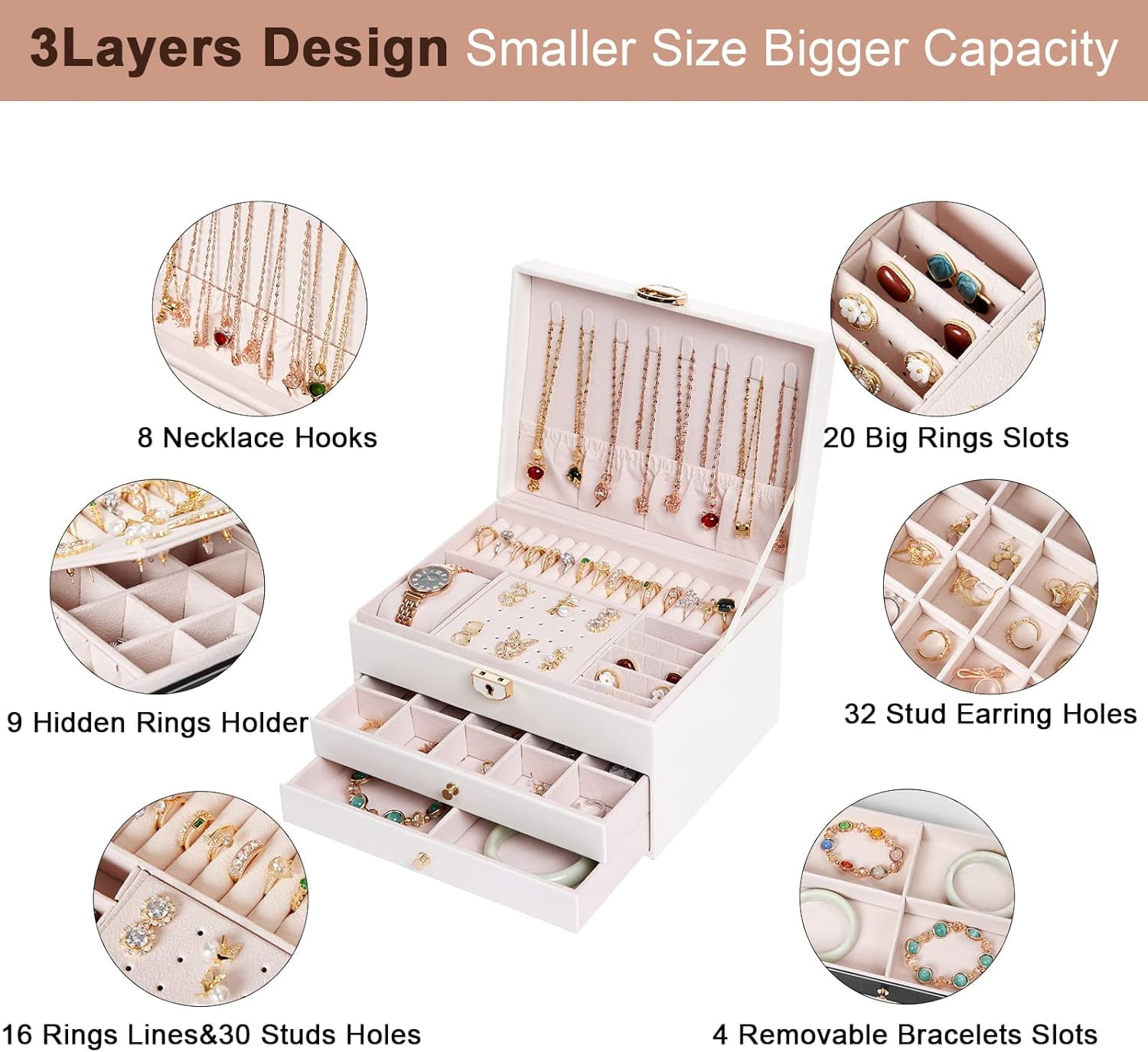 Christmas Gift for Women,Large Jewelry Box for Women Girls, 3 Layer Large Jewelry Boxes & Organizers, PU Leather Jewlwey Display Holder with Removable Tray for Earrings Rings Bracelets,Pink