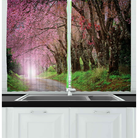 Japanese Garden Curtains 2 Panels Set, National Park in Chiang Mai Cherry Blossoms Spring Picture, Window Drapes for Living Room Bedroom, 55W X 39L Inches, Fuchsia Brown Fern Green, by