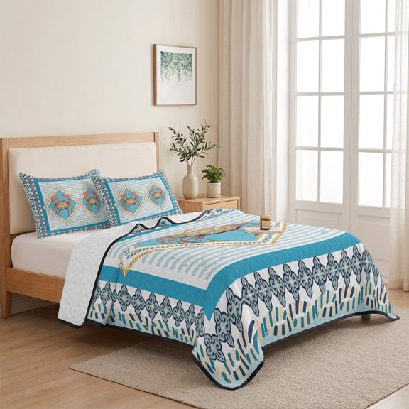 3 Piece Summer Bed Quilt Set Twin XL Size,Ocean Sea Red Crab Lightweight Bedspread Coverlet with 2 Pillowcases Blue Bubble Stripes in Floral Frame Soft Comforter Bedding Quilts for All Season