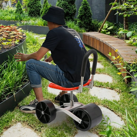 Adjustable Seat Height and Direction for Gardening Red Garden Rolling Stool Workseat with 3 Wheels, Stable Sturdy Cart
