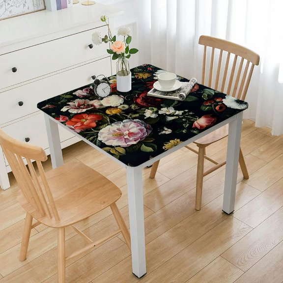 Acheng Flowers Table Cloth Black Background Square Table Cover Outdoor Fitted 100% Polyester Fiber 36*36