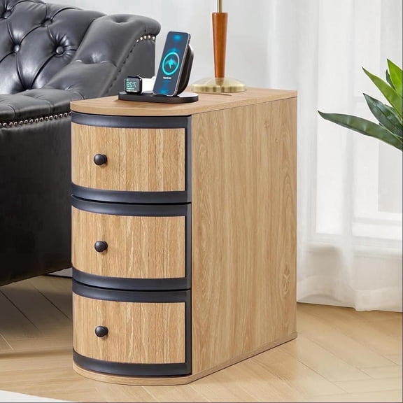 LEFHDA Drawer End Tables with Charging Station, Nightstand for Bedroom Living Room, Mid-Century Modern Narrow Sofa Side Table(Natural)