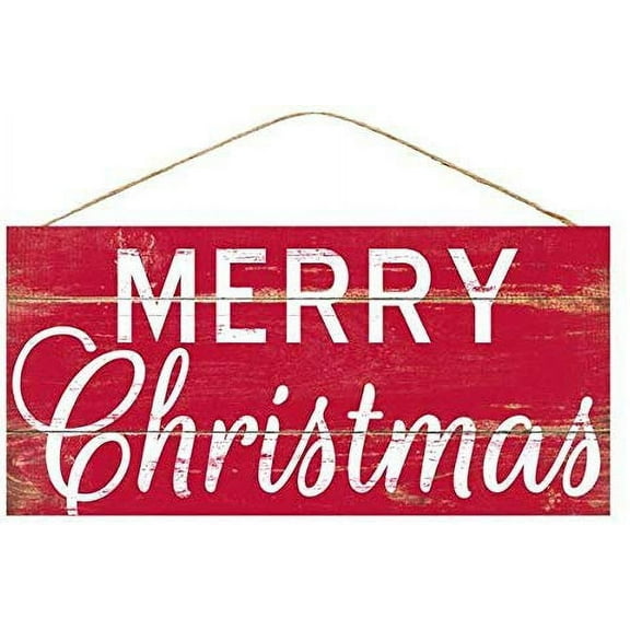 Red Merry Christmas Wooden Sign - 12.5" x 6", Red and White, Vintage, Front Door Decoration
