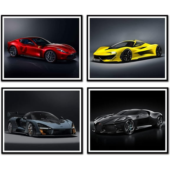 Car Poster Lamborghini Mclaren Ferrari Bugatti Sports Canvas Wall Art Posters Supercar Decor for Boys Room Bedroom Set of 4 Unframed (8x10 in)