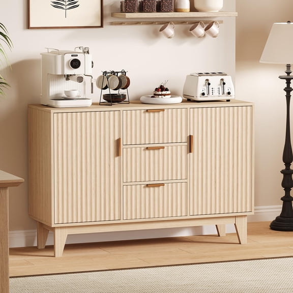 Studyset 47.2" W Storage Cabinet with 3 Drawers,Fluted Buffet Cabinets with Storage,Large Coffee Bar Kitchen Sideboard Cupboard with 2 Door,Modern Mid Century TV Stand for Living Room,Kitchen